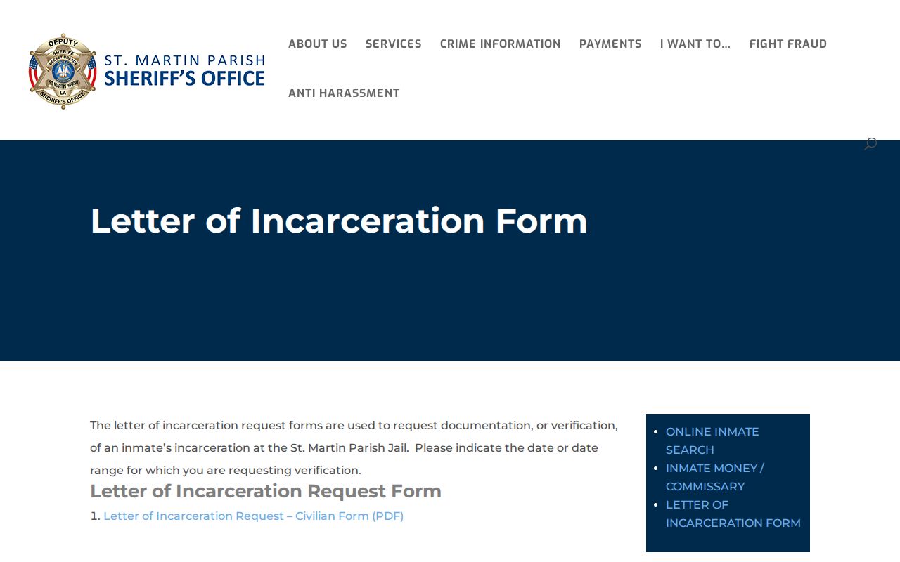 St. Martin Parish Letter of Incarceration request form page