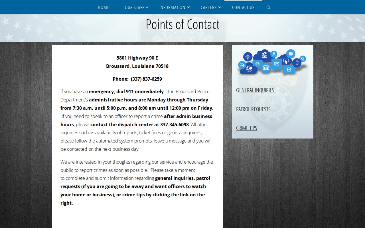 Broussard Police Department contact page for local record requests