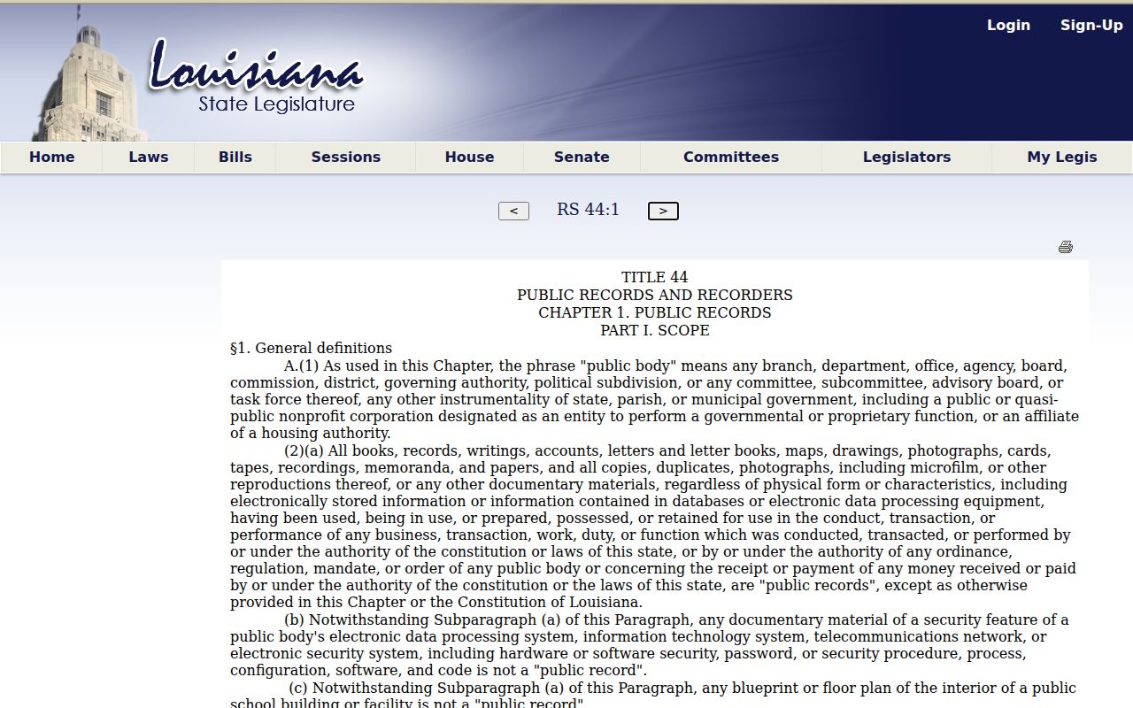 Louisiana Legislature public records definition page