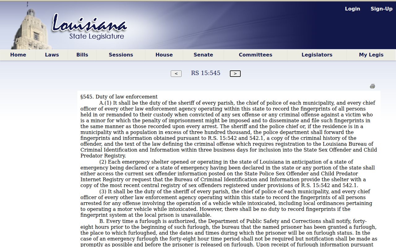 Louisiana law on law-enforcement sex offender registry duties