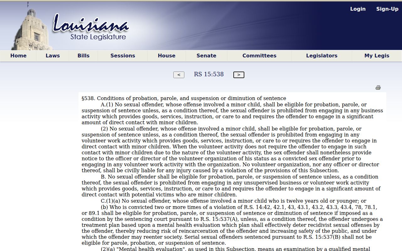 Louisiana statute governing sex offender registration duties